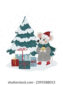 Vector Christmas illustration with cute mouse, Christmas tree and gifts. Can be used to print on fabric, paper, cards, posters and more.