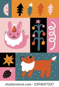 vector christmas illustration. Cute new year greeting card with bunny and fox. Funny kids christmas design. 