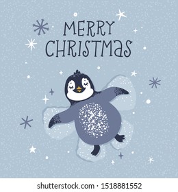 Vector Christmas illustration with cute penguin and text "Merry Christmas". Winter card with funny cartoon character. Childish holiday background with animal.