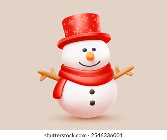 Vector christmas illustration of cute realistic snowman in top hat with snowflake and scarf on light color background. 3d cartoon style design of smile snowman for Merry Christmas and Happy New Year