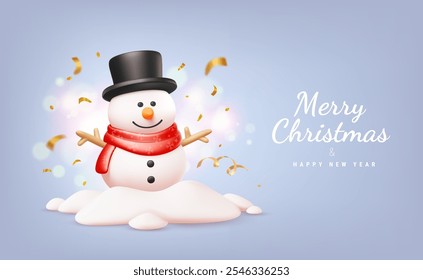 Vector christmas illustration of cute realistic snowman in hat and scarf on light blue background with text Merry Christmas and Happy New Year. 3d cartoon style design of smile snowman with bokeh