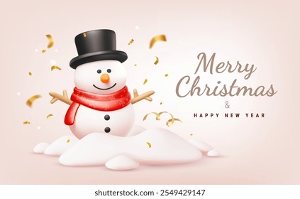 Vector christmas illustration of cute realistic snowman in red scarf and top hat on light background with text Merry Christmas and Happy New Year. 3d cartoon winter holiday design of snowman in snow