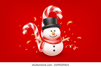 Vector christmas illustration of cute realistic snowman in top hat and scarf with candy cane on red background. 3d cartoon style winter holiday design of snowman, candy cane for Merry Christmas card