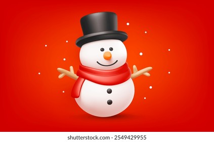 Vector christmas illustration of cute realistic snowman in top hat and scarf on red background. 3d cartoon style winter holiday design of smile snowman for Merry Christmas and Happy New Year banner