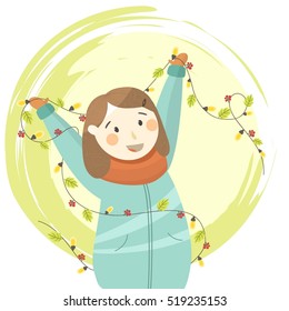 Vector christmas illustration with cute smiling girl. Vector card with garland with light bulbs, berries and leaves. Christmas card. 