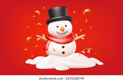 Vector christmas illustration of cute snowman in top hat and scarf on red background with golden confetti. 3d cartoon style winter holiday design of smile snowman in snow for Merry Christmas banner