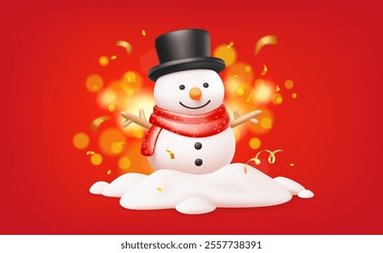 Vector christmas illustration of cute snowman in snow on red background with golden confetti and light bokeh. 3d cartoon style winter holiday design of snowman in top hat and scarf for Merry Christmas