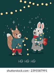 
Vector Christmas illustration with cute squirrel and bunny characters. Can be used to print on fabric, paper, cards, posters and more.