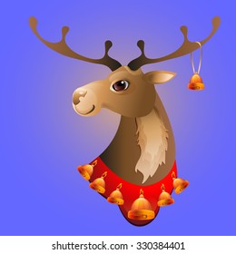 Vector Christmas illustration of deer with bell.