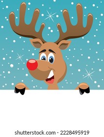 vector christmas illustration of deer holding blank paper for your text. reindeer rudolph cartoon