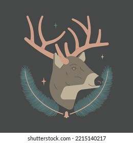 Vector Christmas illustration. Deer with spruce branches. Black background.