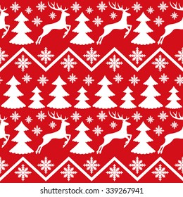 Vector christmas illustration. Deer and trees on red pattern for seamless background.
