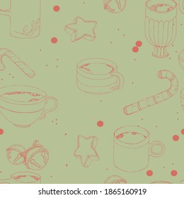 vector Christmas illustration ,different cups with drinks,lollipops,star cookies,bells on  a green background,seamless pattern