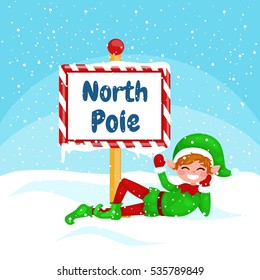 Vector Christmas illustration Elf  with a North Pole sign. New Year vector greeting card