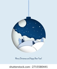 Vector Christmas illustration featuring a paper-cut style winter landscape inside a hanging Christmas ornament. Inscription : "Merry Christmas and Happy New Year!" Postcard template