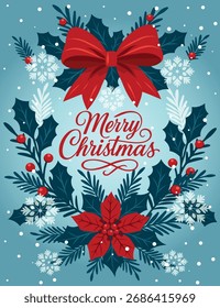 Vector Christmas illustration with a festive bow, berries, pine branches, snowflakes surrounding the stylish Merry Christmas text. Perfect for holiday cards, winter backgrounds, and New Year's designs