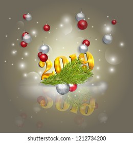 Vector Christmas illustration with fir branch, christmas balls and golden 2019 sign.  Golden numbers 2019 in mirror reflexion