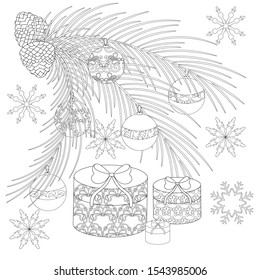 Vector Christmas illustration with fir branch with cones, toys, snowflakes and gifts. Zenart. Anti-stress coloring.