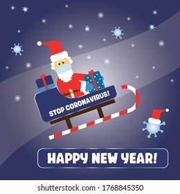 Vector Christmas illustration in the flat style. Santa in a medical mask is flying on a sleigh with gifts, snow, viruses happy new year inscription, new year's card. Stop coronavirus