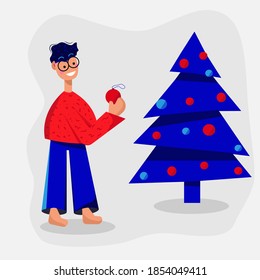 Ilustración vectorial navideña de estilo plano con un tipo decorando el árbol de Navidad con globos. Un hombre europeo con gafas decora un árbol de Navidad con juguetes de Navidad