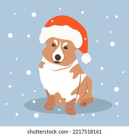 vector christmas illustration in flat style - cute dog corgi in santa hat