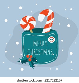 ilustración de navidad vectorial en estilo plano - bolsillo con bastones de caramelo y ramita
