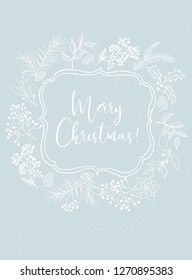 Vector Christmas illustration with floral wreath / frame on blue snowy background. Postcard / greeting card. Winter design. Merry Christmas!