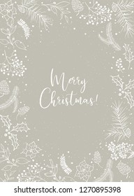 Vector Christmas illustration with floral wreath / frame on beige snowy craft background. Postcard / greeting card. Winter design. Merry Christmas!