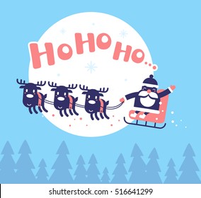 Vector christmas illustration of flying santa claus on sleigh and reindeers on blue background with big full moon. Hand draw flat design for web, site, banner, poster, print, greeting card