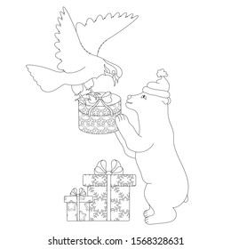 Vector Christmas illustration in the form of a cute, joyful white teddy bear to whom the bird brings gifts for Christmas. Zenart. Anti-stress coloring.
