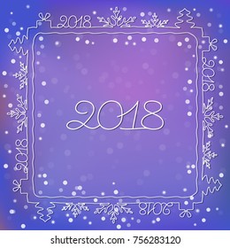 Vector Christmas illustration. Christmas frame made of snowflakes, Christmas trees, gifts and the date 2018. Blue background with a simulation of falling snow.