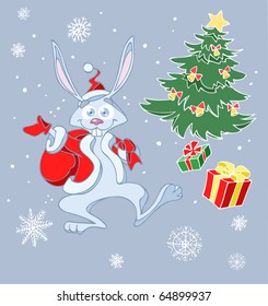 Vector christmas illustration of a funny cartoon rabbit carrying a bag of present on his shoulder