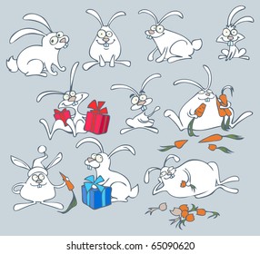 Vector christmas illustration of a funny cartoon rabbits