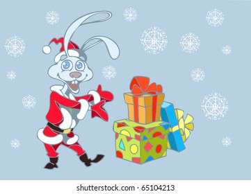 Vector christmas illustration of a funny cartoon rabbit with christmas gifts