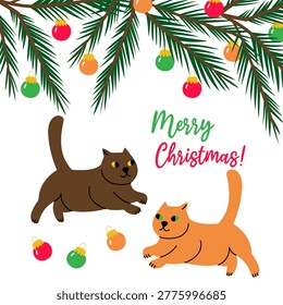 Vector Christmas illustration with funny cats under the Christmas tree playing with Christmas balls