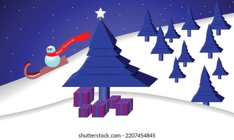 Vector Christmas illustration. Geometric coniferous trees in shades of blue. Snowman riding down the hill on a sleigh. Red scarf with the inscription "Merry Christmas." Winter, gifts, Christmas tree.