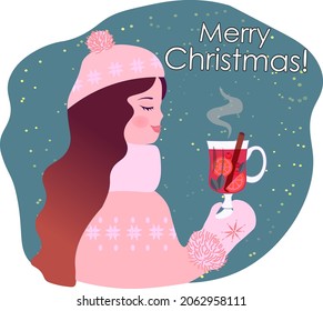 Vector Christmas illustration. Girl holding mulled wine in her hands