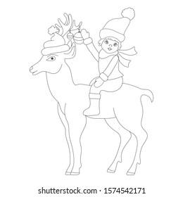 Vector, Christmas illustration with a girl sitting on a Christmas deer in a hat whose horns are decorated with Christmas toys. Zenart. Anti-stress coloring.
