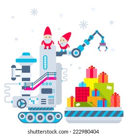 Vector Christmas illustration of the gnome operates the machine, which has brought a lot of gifts and putting  them a pile. Color bright flat design for card, banner, poster, advertising, blog 