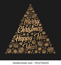 Vector Christmas illustration with gold christmas tree from handwritten calligraphy and snowflakes isolated on black background. Design template for greeting card, invitation, flyer, poster