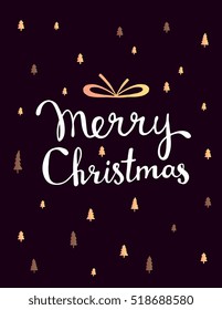 Vector christmas illustration with golden color fir trees and handwritten text merry christmas on dark background with snow and bow. Hand draw flat stylized design for web, site, poster, greeting card