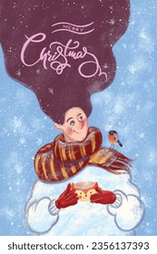Vector Christmas illustration of greeting card with the image of a girl in warm clothes and with a cup in her hands on a snowy background and the inscription "Merry Christmas". 