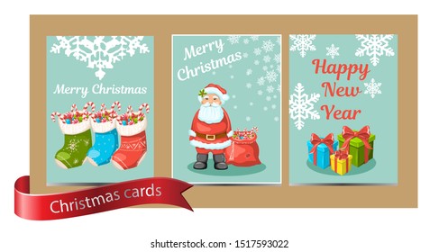 Vector Christmas illustration, greeting paper cards and gift tags collection in hand drawn style.