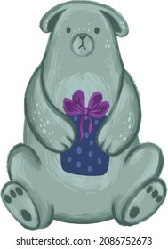 Ilustración vectorial navideña en estilo de dibujo a mano. Oso de Navidad con un regalo en sus patas aislado en un fondo blanco. Foto de la tarjeta de Año Nuevo, felicitaciones, afiche.