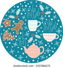 Vector christmas illustration with hand drawn teapots, tea cups, snowflakes and gingerbread cookies.