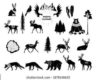 Vector Christmas illustration. Hand drawn design elements. Nursery scandinavian art. Tribal animals. Silhouettes of animals of bear, deer, fox, hare, birds. Winter animals. Forest animals.