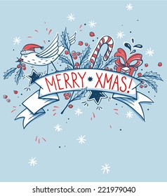 Vector Christmas illustration with  hand drawn holiday items