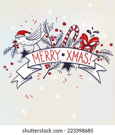 Vector Christmas illustration with hand drawn holiday items
