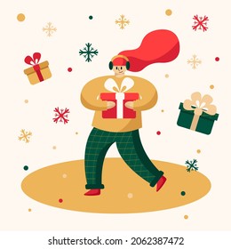Vector Christmas illustration, happy girl with gifts in her hands, flying snowflakes, winter, festive mood, flat-style illustration for postcards, posters, banners, packaging.