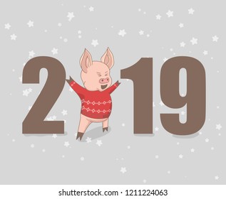 Vector Christmas illustration, Happy New Year 2019 funny card design with cartoon pig